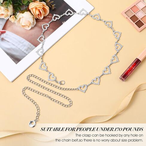 Adjustable Chain Belts for Women,Silver Belt Chain Rhinestone Heart Shaped Waist Necklace Suitable for Dresses Jeans Formal Wear Bridal Wedding in Kuwait