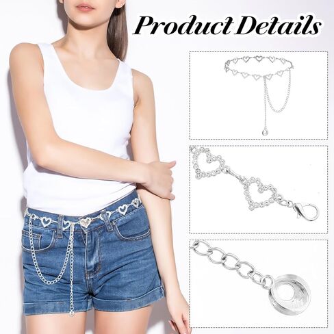 Adjustable Chain Belts for Women,Silver Belt Chain Rhinestone Heart Shaped Waist Necklace Suitable for Dresses Jeans Formal Wear Bridal Wedding in Kuwait