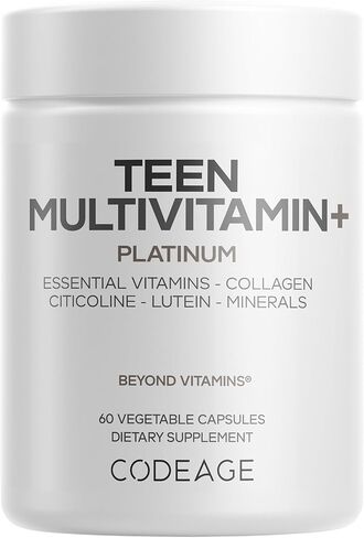 Codeage Teen Multivitamin+ مكمل بلاتيني - فيتامينات A، C، D3، E، K2، B6، B12، معادن، بروبيوتيك، سيتيكولين، كولاجين، مرق العظام، حمض الفوليك، بيوتين، لوتين، زياكسانثين - غير معدل وراثيًا - 60 كبسولة in Kuwait