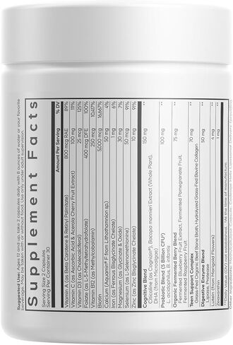 Codeage Teen Multivitamin+ مكمل بلاتيني - فيتامينات A، C، D3، E، K2، B6، B12، معادن، بروبيوتيك، سيتيكولين، كولاجين، مرق العظام، حمض الفوليك، بيوتين، لوتين، زياكسانثين - غير معدل وراثيًا - 60 كبسولة in Kuwait
