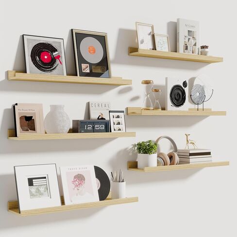 Fun Memories Picture Ledge Shelf, 16 Inch Long Floating Shelves Set of 6, Picture Shelf for Wall with Lip, Large Nursery Book Shelves for Storage, Wall Shelves for Living Room Bedroom Kitchen, White in Saudi Arabia