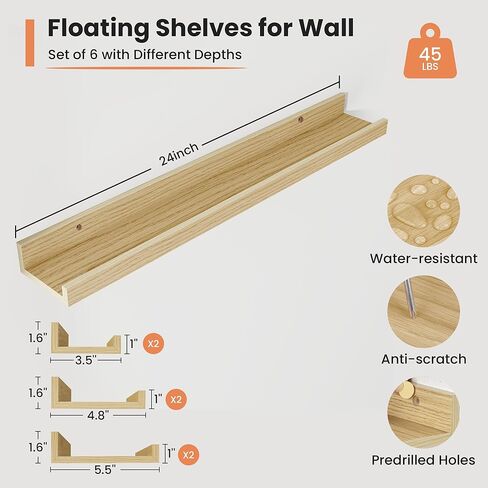 Fun Memories Picture Ledge Shelf, 16 Inch Long Floating Shelves Set of 6, Picture Shelf for Wall with Lip, Large Nursery Book Shelves for Storage, Wall Shelves for Living Room Bedroom Kitchen, White in Saudi Arabia