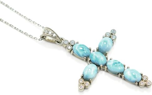 Natural Larimar 7X5 MM Oval Cut Holy Cross Pendant Necklace 925 Sterling Silver March Birthstone Handmade Jewelry Proposal Necklace Gift For Bridal (PD-8479) in Saudi Arabia
