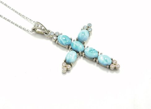 Natural Larimar 7X5 MM Oval Cut Holy Cross Pendant Necklace 925 Sterling Silver March Birthstone Handmade Jewelry Proposal Necklace Gift For Bridal (PD-8479) in Saudi Arabia