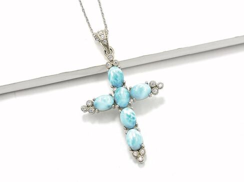 Natural Larimar 7X5 MM Oval Cut Holy Cross Pendant Necklace 925 Sterling Silver March Birthstone Handmade Jewelry Proposal Necklace Gift For Bridal (PD-8479) in Saudi Arabia
