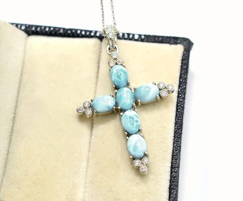 Natural Larimar 7X5 MM Oval Cut Holy Cross Pendant Necklace 925 Sterling Silver March Birthstone Handmade Jewelry Proposal Necklace Gift For Bridal (PD-8479) in Saudi Arabia