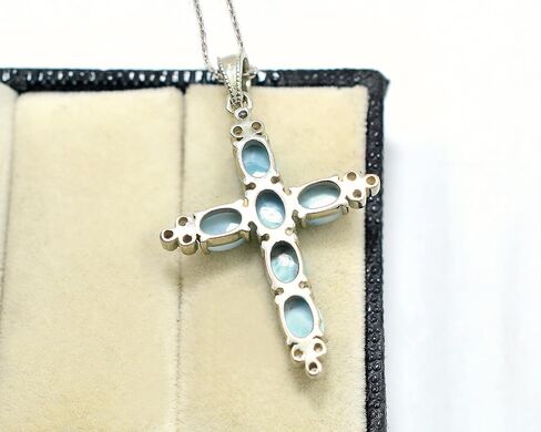 Natural Larimar 7X5 MM Oval Cut Holy Cross Pendant Necklace 925 Sterling Silver March Birthstone Handmade Jewelry Proposal Necklace Gift For Bridal (PD-8479) in Saudi Arabia
