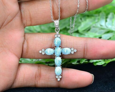 Natural Larimar 7X5 MM Oval Cut Holy Cross Pendant Necklace 925 Sterling Silver March Birthstone Handmade Jewelry Proposal Necklace Gift For Bridal (PD-8479) in Saudi Arabia