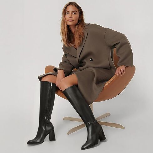 Lumeheel Black Knee High Boots for Women Round Toe Chunky Heel Gogo Boots with Side Zip Women's Fashion Tall Boots in Kuwait