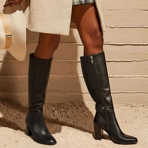 Lumeheel Black Knee High Boots for Women Round Toe Chunky Heel Gogo Boots with Side Zip Women's Fashion Tall Boots in Kuwait
