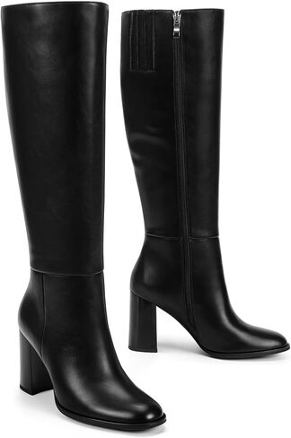 Lumeheel Black Knee High Boots for Women Round Toe Chunky Heel Gogo Boots with Side Zip Women's Fashion Tall Boots in Kuwait