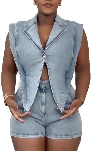 Womens Summer Jean Romper Vintage Sleeveless Tops Lapel Button Sexy Denim Short One Piece Jumpsuit in Kuwait