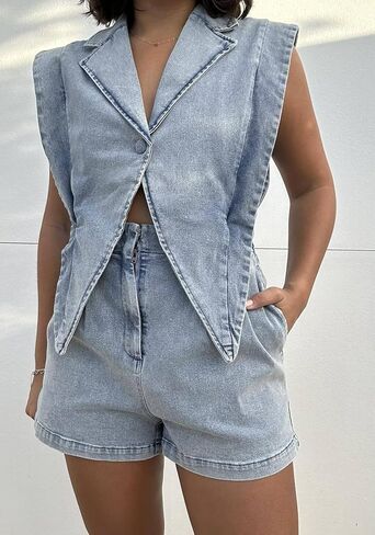 Womens Summer Jean Romper Vintage Sleeveless Tops Lapel Button Sexy Denim Short One Piece Jumpsuit in Kuwait