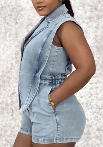Womens Summer Jean Romper Vintage Sleeveless Tops Lapel Button Sexy Denim Short One Piece Jumpsuit in Kuwait