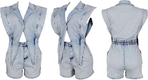 Womens Summer Jean Romper Vintage Sleeveless Tops Lapel Button Sexy Denim Short One Piece Jumpsuit in Kuwait