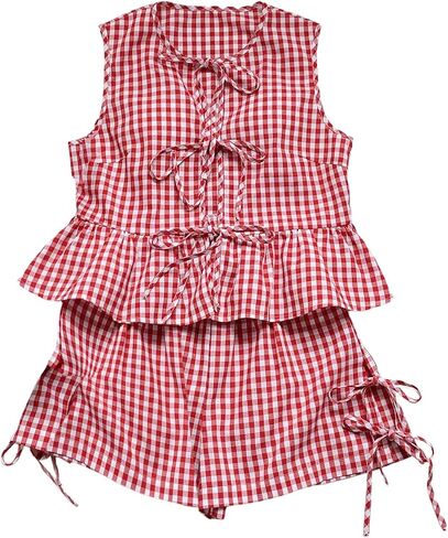 GORGLITTER Women's 2 Piece Outfits Summer Plaid Gingham Bow Tie Front Ruffle Tank Top Wide Leg Shorts Sets in Saudi Arabia