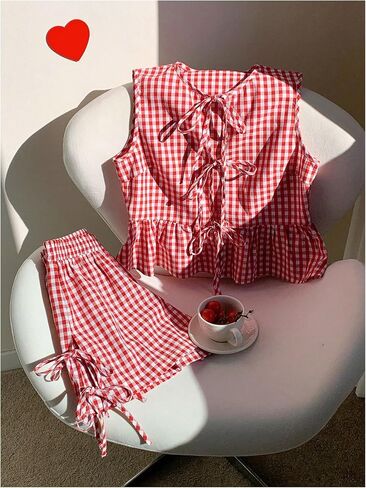 GORGLITTER Women's 2 Piece Outfits Summer Plaid Gingham Bow Tie Front Ruffle Tank Top Wide Leg Shorts Sets in Saudi Arabia