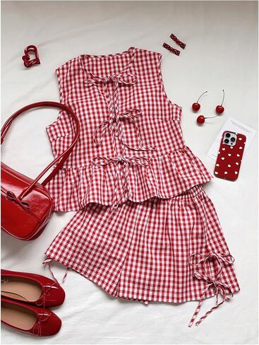 GORGLITTER Women's 2 Piece Outfits Summer Plaid Gingham Bow Tie Front Ruffle Tank Top Wide Leg Shorts Sets in Saudi Arabia