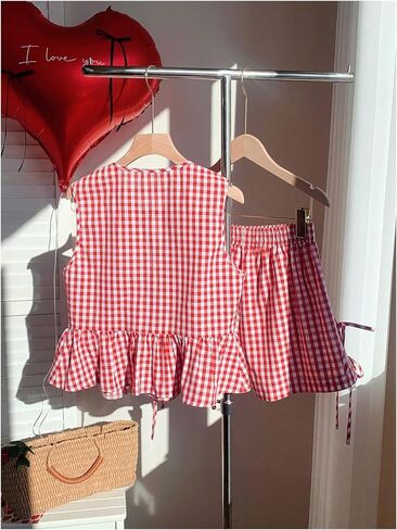 GORGLITTER Women's 2 Piece Outfits Summer Plaid Gingham Bow Tie Front Ruffle Tank Top Wide Leg Shorts Sets in Saudi Arabia