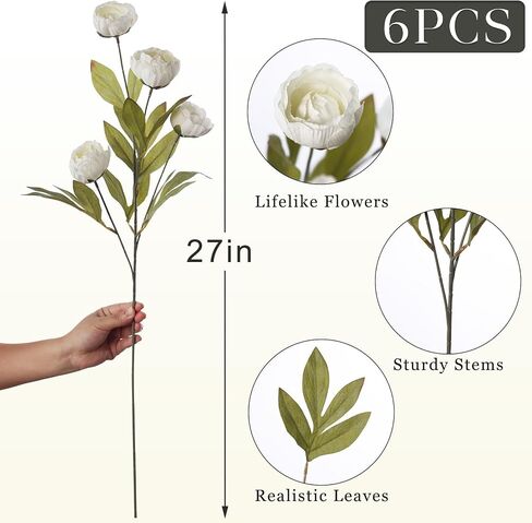 6 Pcs Faux Silk Peony Artificial Flowers for Vase -27", Bulk Fake Peonies Branches with Stems for DIY Bouquet Centerpieces Wedding Fillers Arrangements Shower Decorations (Cream) in Kuwait