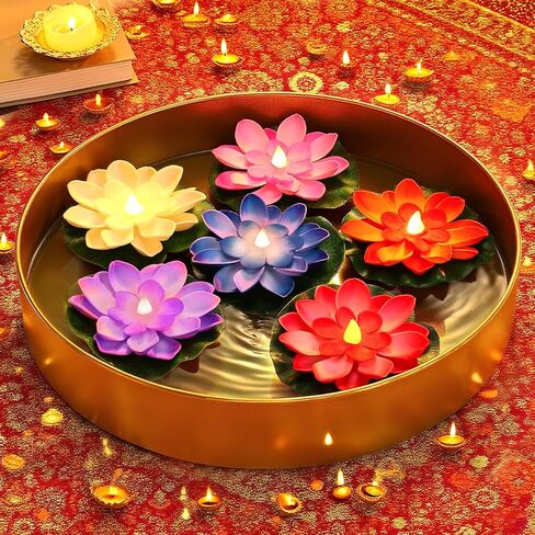 6pcs 4in Diwali Decorations Lotus Light - Water-Sensing Floating Diyas Artificial Lotus Flower for Home Urli Bowl Mandir Pooja Decor Indian Party Diwali Return Gifts in Kuwait