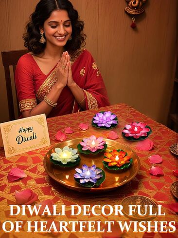 6pcs 4in Diwali Decorations Lotus Light - Water-Sensing Floating Diyas Artificial Lotus Flower for Home Urli Bowl Mandir Pooja Decor Indian Party Diwali Return Gifts in Kuwait