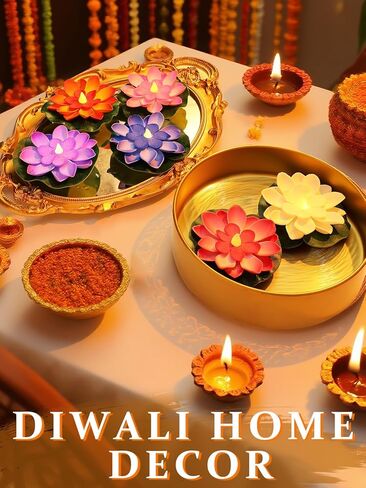 6pcs 4in Diwali Decorations Lotus Light - Water-Sensing Floating Diyas Artificial Lotus Flower for Home Urli Bowl Mandir Pooja Decor Indian Party Diwali Return Gifts in Kuwait
