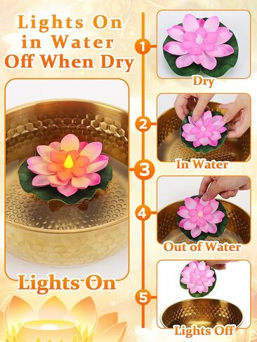 6pcs 4in Diwali Decorations Lotus Light - Water-Sensing Floating Diyas Artificial Lotus Flower for Home Urli Bowl Mandir Pooja Decor Indian Party Diwali Return Gifts in Kuwait