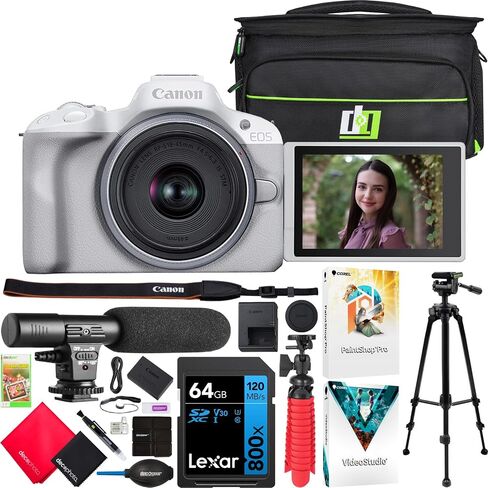 Canon EOS R50 Mirrorless APS-C Interchangeable Lens Camera Body Black 5811C002 Bundle with Deco Gear Photography Bag + Microphone + Tripod + Software & Accessories Kit in Kuwait