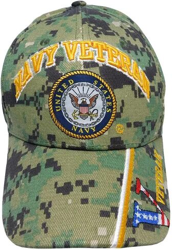 Trade Winds US Navy Veteran Licensed Cap Navy Veteran & Navy Emblem Woodland Camo Cap Hat (Officially Licensed by The US Navy) in Saudi Arabia