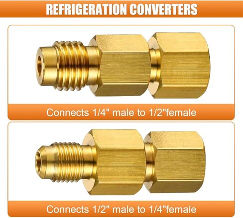 6PCS 6014 Vacuum Pump Adapters 1/4'' Flare Female to 1/2'' Male & 6015 Brass Refrigerant Tank Adapter 1/2" Female to 1/4" Male Flare Adapter Valve Core, R134A to R12 Fitting Adapters in Kuwait
