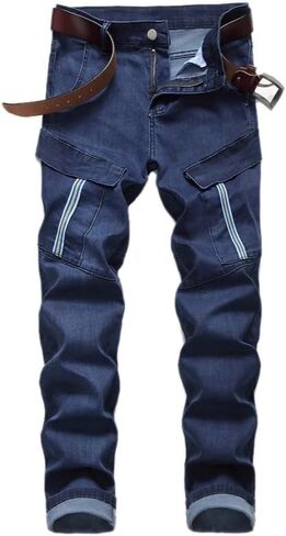 Men's Biker Moto Style Distressed Slim Fit Straight Leg Stretch Denim Jeans in Saudi Arabia