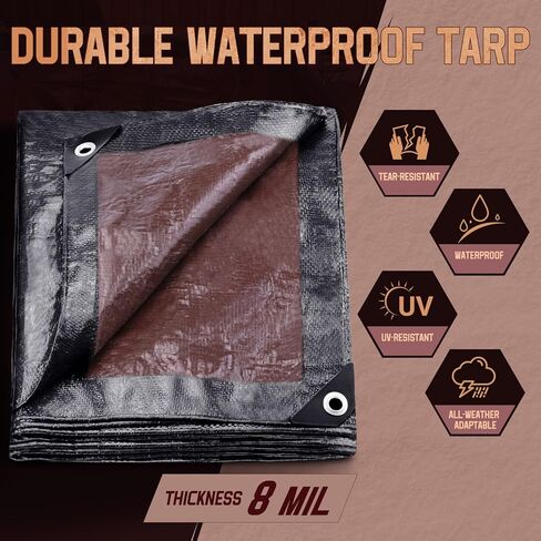 قماش القنب مقاوم للماء 10 × 12 قدم، قماش بوليستر متوسط ​​التحمل مقاوم للماء، مقاوم للأشعة فوق البنفسجية ومقاوم للتمزق، غطاء واقٍ متعدد الأغراض مع حلقات يمكن عكسها للمنزل والقوارب والسيارات والنباتات بني/أسود in Kuwait
