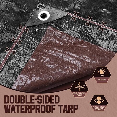 قماش القنب مقاوم للماء 10 × 12 قدم، قماش بوليستر متوسط ​​التحمل مقاوم للماء، مقاوم للأشعة فوق البنفسجية ومقاوم للتمزق، غطاء واقٍ متعدد الأغراض مع حلقات يمكن عكسها للمنزل والقوارب والسيارات والنباتات بني/أسود in Kuwait