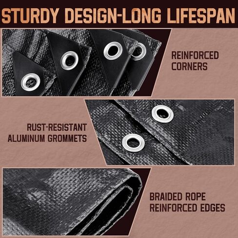 قماش القنب مقاوم للماء 10 × 12 قدم، قماش بوليستر متوسط ​​التحمل مقاوم للماء، مقاوم للأشعة فوق البنفسجية ومقاوم للتمزق، غطاء واقٍ متعدد الأغراض مع حلقات يمكن عكسها للمنزل والقوارب والسيارات والنباتات بني/أسود in Kuwait