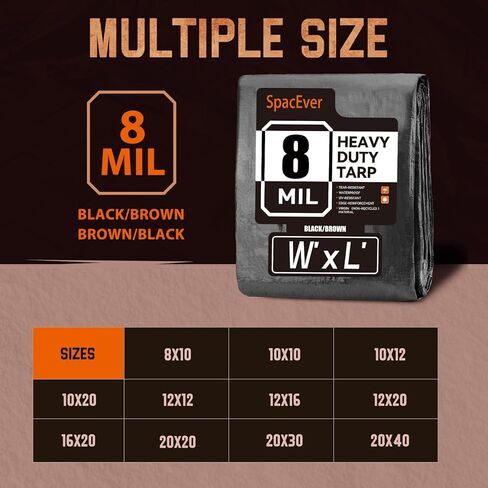 قماش القنب مقاوم للماء 10 × 12 قدم، قماش بوليستر متوسط ​​التحمل مقاوم للماء، مقاوم للأشعة فوق البنفسجية ومقاوم للتمزق، غطاء واقٍ متعدد الأغراض مع حلقات يمكن عكسها للمنزل والقوارب والسيارات والنباتات بني/أسود in Kuwait