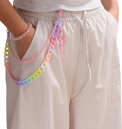 Y2k Heart Pendant Rainbow Acrylic Pants Trousers Chain for Women Chunky Colorful Resin Removable Love Charm Layered Rock Wallet Belt Pocket Waist Jeans Belly Chains Backpack Body Accessories in Saudi Arabia