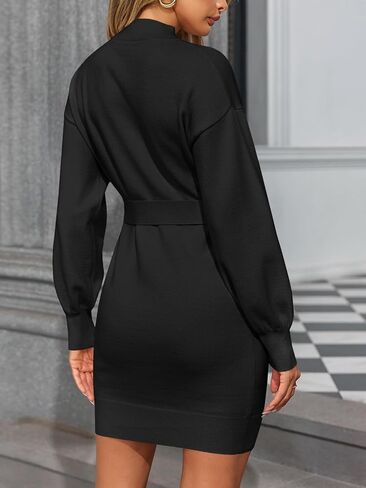 Saodimallsu Womens Long Sleeve Mini Sweater Dress Mock Neck Fall Dressy Casual Knit Bodycon Dresses with Belt in Saudi Arabia