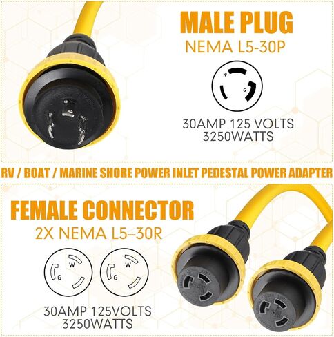 3FT البحرية قارب الشاطئ محول الطاقة L5-30P ذكر 30A التوصيل إلى (2) 30A L5–30R أنثى، 30 أمبير Y الخائن مع حلقة القفل والياقة in Kuwait