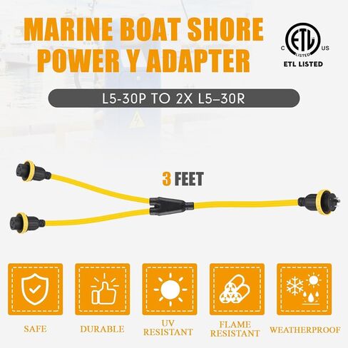 3FT البحرية قارب الشاطئ محول الطاقة L5-30P ذكر 30A التوصيل إلى (2) 30A L5–30R أنثى، 30 أمبير Y الخائن مع حلقة القفل والياقة in Kuwait