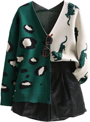 Leopard Tiger Print Cardigan Women: Color Block V Neck Sweater Long Sleeve Animal Print Outfits for Women in Saudi Arabia