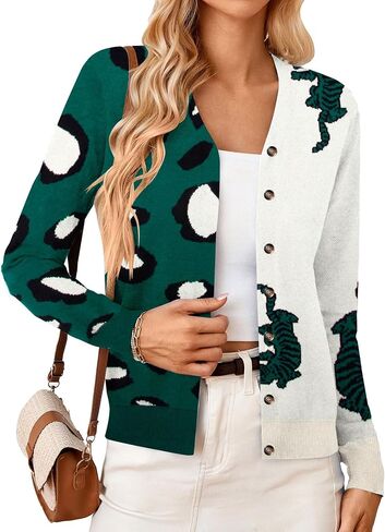 Leopard Tiger Print Cardigan Women: Color Block V Neck Sweater Long Sleeve Animal Print Outfits for Women in Saudi Arabia