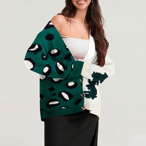 Leopard Tiger Print Cardigan Women: Color Block V Neck Sweater Long Sleeve Animal Print Outfits for Women in Saudi Arabia