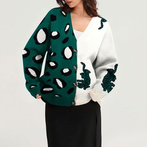 Leopard Tiger Print Cardigan Women: Color Block V Neck Sweater Long Sleeve Animal Print Outfits for Women in Saudi Arabia