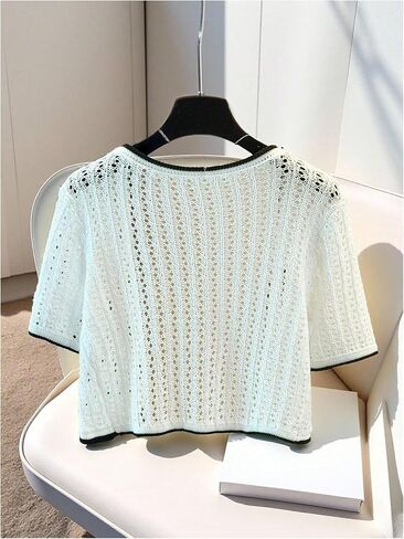 GORGLITTER Women's Open Front Crop Cardigan Contrast Binding Hollow Out Knitwear Tops in Saudi Arabia