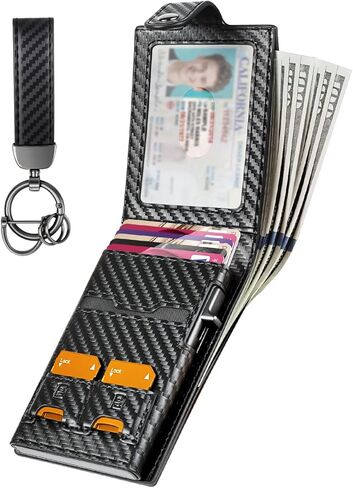 مجموعة محفظة LIUGX للرجال مع سلسلة مفاتيح، محفظة رفيعة من الجلد ثنائي الطي RFID مع حامل بطاقات منبثق، تحمل 20 فاتورة نقدية و12 بطاقة، وفتحات SD وNano Sim، وإغلاق سريع، من ألياف الكربون باللون الأسود in Kuwait