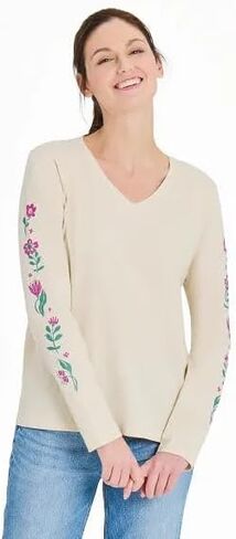 Life is Good. Women's Woodblock Floral Long Sleeve Crusher-LITE Vee, Putty White in Saudi Arabia