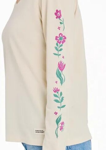 Life is Good. Women's Woodblock Floral Long Sleeve Crusher-LITE Vee, Putty White in Saudi Arabia