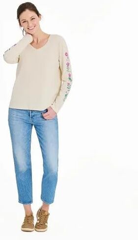 Life is Good. Women's Woodblock Floral Long Sleeve Crusher-LITE Vee, Putty White in Saudi Arabia