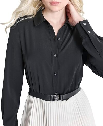 DKNY Women's Long Sleeve Collared Neck Belted Tiered Skirt Mini Dress in Saudi Arabia